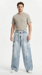 7 Pockets Men Blue Denim Acid Wash Baggy Jeans Loose Fit | Trendy Wide Leg Streetwear Jeans | Casual Fashion Pants