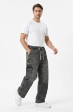 7 Pockets Men Denim Baggy Acid Wash Jeans Loose Fit Style | Trendy Wide Leg Cargo Look Pants | Casual Streetwear Trousers - Image 2