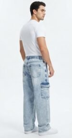 7 Pockets Men Blue Denim Acid Wash Baggy Jeans Loose Fit | Trendy Wide Leg Streetwear Jeans | Casual Fashion Pants - Image 3