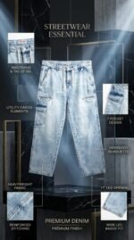 7 Pockets Men Blue Denim Acid Wash Baggy Jeans Loose Fit | Trendy Wide Leg Streetwear Jeans | Casual Fashion Pants - Image 4